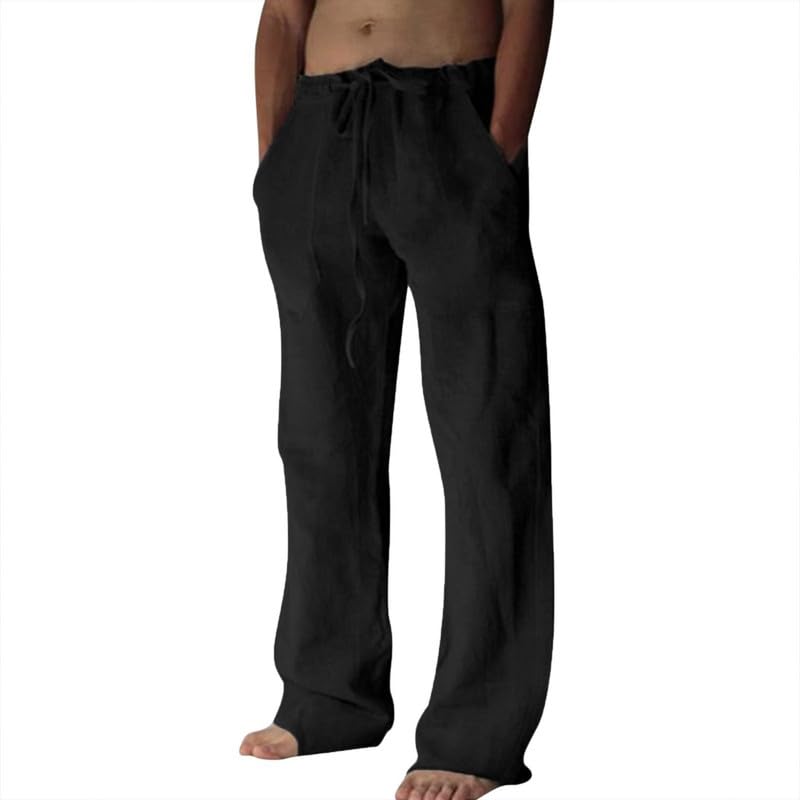 Litthing Pantalones de Lino para Hombre Pantalon de Jogging Algodón Pants Casuales de Verano con Bolsillos Color Sólido Pantalones Holgados con Cordón Pantalon Cómodos y Ligeros