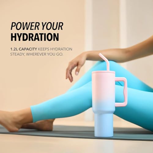 Image of 1200ML Stainless Steel Tumbler Hot and Cold with Handle and Lid 2 Straw, Double Insulated Cup Leak Proof Mug Cupholder for Gym, Travelling (Pink & Blue)