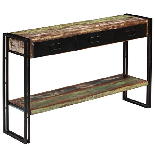 Tidyard Mesa Consola de Madera Reciclada Sólida y Acero Mesa de Consola Madera 120 x 30 x 76 cm con 3 Cajones y 1 Estante