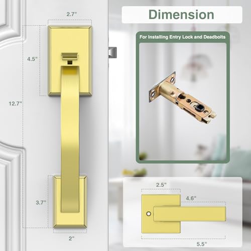 Image of Front Door Handle Gold Adjustable, Heavy 12.7in Exterior Entry Knob, Reversible