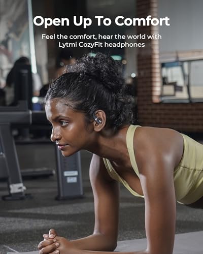 Image of Lytmi CozyFit Open Ear Headphones, 0.23oz Ultra-Light Comfortable Wireless Earbuds, 0.6mm Thinnest Earhooks, Bluetooth 5.4, Clear Audio, 30 HRS Playtime, IPX5 Waterproof Earphones with Mic (Black)