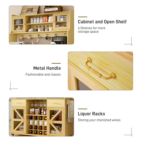 Large-Coffee-Bar-Cabinet-on-Wheels-55-Wine-Bar-Cabinet-with-Power-Outlet-Kitchen-Buffet-Pantry-Cabinet-with-Storage-Shelves16-Wine-Rack2-Drawers-Liquor-Cabinet-for-HomeOutdoor Large Coffee Bar Cabinet on Wheels 55 Wine Bar Cabinet with Power Outlet Kitchen Buffet Pantry Cabinet with Storage Shelves16 Wine Rack2 Drawers Liquor Cabinet for HomeOutdoor