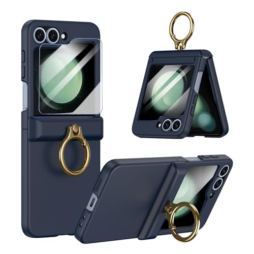 Coque Samsung Z Flip 5 avec anneau et protection d'écran intégrée bleu