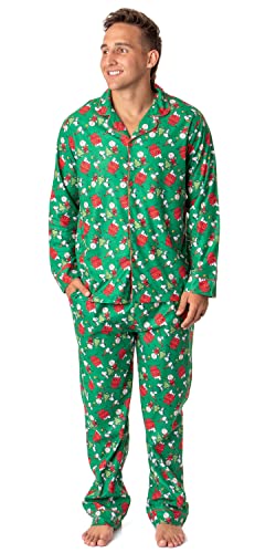 INTIMO Peanuts Mens' Christmas Snoopy Charlie Brown Button Down Sleep Pajama Set