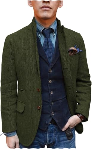 Mens Herringbone Tweed Suit Blazer Jacket Vintage Single Breasted Wool Coat Mens 2 Button Regular Fit SportJacket
