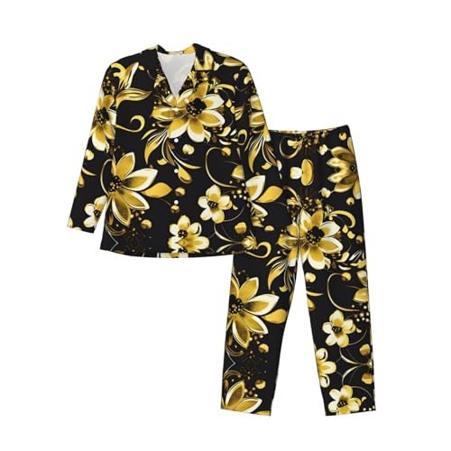 Pyjama à manches longues pour homme imprimé fleurs noires et dorées