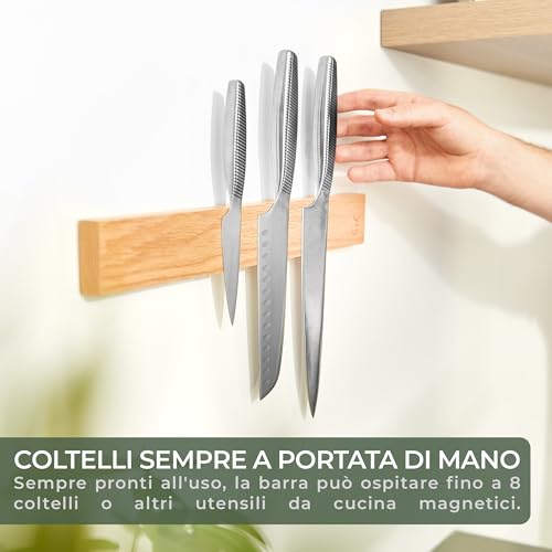 WALDWERK Barra Magnetica per Coltelli (40x5 cm) – Supporto Magnetico in Pregiato Legno di Quercia – Porta Coltelli Magnetico – Striscia Magnetica da Incollare o Avvitare – Portacoltelli Magnetico - immagine 6
