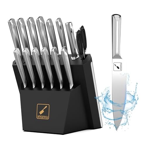 imarku® 15 PCS Kitchen Knife Set with Diamond Shaped Handle Dishwasher Safe Kitchen Knives Premium German High Carbon Stainless Steel Chef Knife Set, Father's Day Gifts Dark Black 15 Pcs