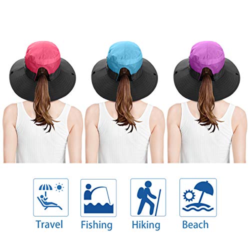 3 Pieces Womens Ponytail Wide Brim Sun Hat Packable Uv Protection Beach Cap For Fishing & Hiking (Purple＆Watermelon Red＆Sky Blue) #TOP1
