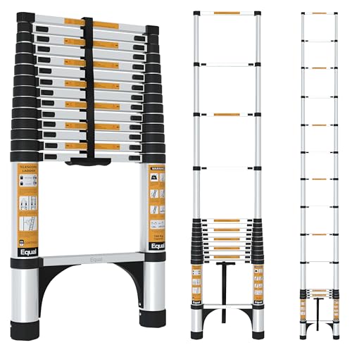 Equal 15 FT Aluminum Folding Telescopic Ladder with 2 Triangle Stabilizers | EN131 Certified with 2 Year Warranty | 150kg Max Capacity | Collapsible L