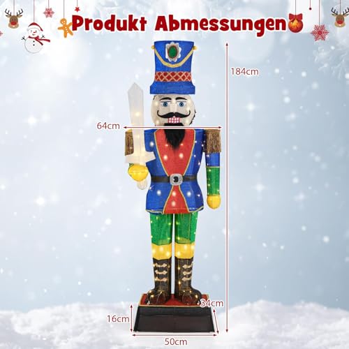 COSTWAY Weihnachten Nussknacker Figur groß, 184 cm beleuchtete Weihnachtsdeko XXL, Weihnachtsfigur mit Schwert & 110 LED-Lichtern, Weihnachtsdekoration, Weihnachtsbeleuchtung für außen und innen – Bild 2