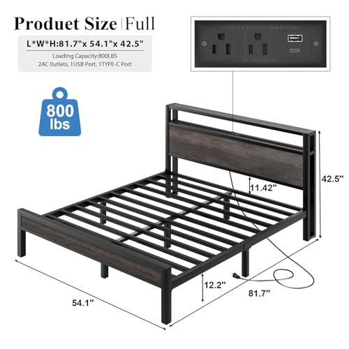 Image of LOEWAY Full Size Bed Frame with Storage Headboard, Industrial Platform Bed with Charging Station and LED Lights, Heavy Duty Metal Slats, No Box Spring Need, Noise Free, Grey