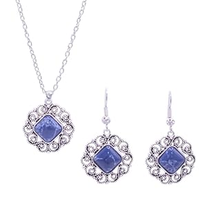 Conjunto a juego pendientes y colgante,Conjunto con piedra natural lapislázuli – -Conjunto de pendientes y collar con cadena de acero inoxidable -Colgante bohemio vintage plata tibetana