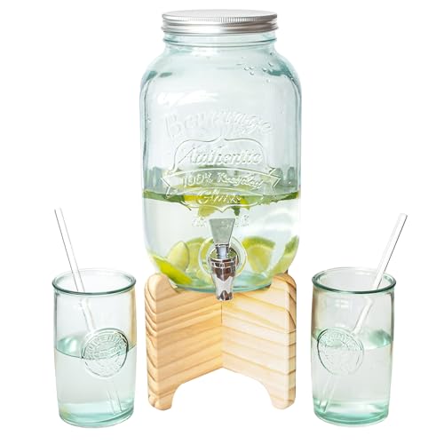 Dispensador de bebidas con soporte, vasos y pajitas. Jarra agua cristal 100% reciclado con grifo. Recipiente de vidrio reciclado, base de madera y vasos+pajitas. Mojito vino sangria (4 LITROS)