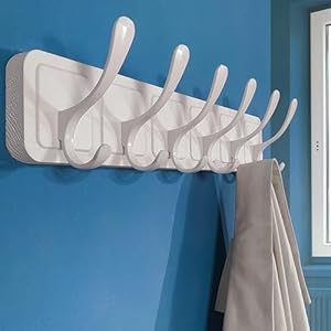 SKOLOO Coat Rack Wall Mount - Scandi-Style Wooden Carved-Block Coat Hook, Wall Coat Hanger with 6 Hooks for Hanging Coats, Hats, Clothing, Scarfs, White SKOLOO Coat Rack Wall Mount Scandi Style Wooden Carved Block Coat Hook Wall Coat Hanger with 6 Hooks for Hanging Coats Hats Clothing Scarfs White