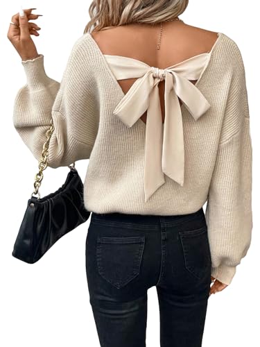 GORGLITTER Women's Bow Fall Sweaters 2025 Cable Knit Chunky Oversized Long Sleeve Backless V Neck Pullover Tops3