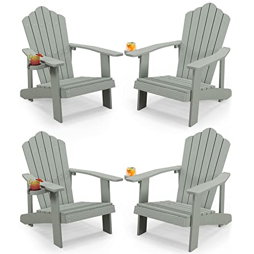 Image of Tangkula Oversized Adirondack Chair, Patio Lounge Chairs w /Adjustable Cup Holder, HIPS Armchairs Slatted Chair, Outdoor Weather Resistant Fire Pit Chair for Deck Backyard Garden Porch (4, Light Grey)
