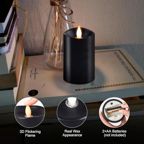 Image of 1PCS, 3 x 5 inches Flameless Candle with Remote Control, 3D Flickering Wick, Real Wax Pillar LED Candles, Battery Candles,with Timer,for Holiday Home Decor, Black