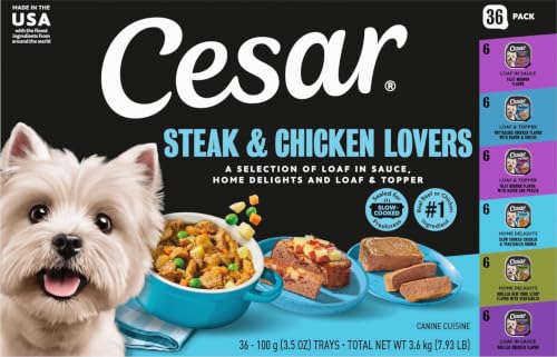 Image of Cesar Wet Dog Food, Steak & Chicken Lovers Variety Pack, 3.5 oz, 36 Count | Real beef or chicken #1 ingredient, no fillers or artificial flavors, slow-cooked, easy to digest, easy-peel trays
