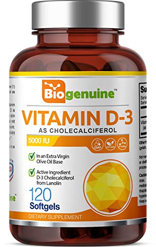 Vitamin D-3 5000 IU 120 Softgels -High-Potency in Extra Virgin Olive Oil Non-GMO Soy-Free - Supports Strong Bones Immune Health and K2