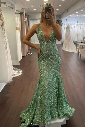 Sparkly Sequin Prom Dresses for Women Deep V Neck Mermaid Formal Evening Dress3