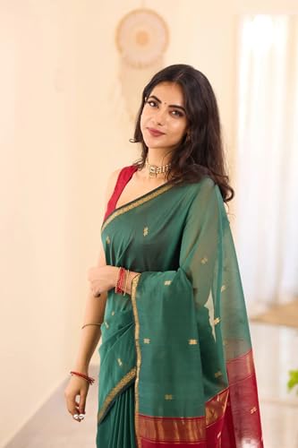 Image of Women's Cotton Woven Soft Sarees With Attach Blouse Piece.