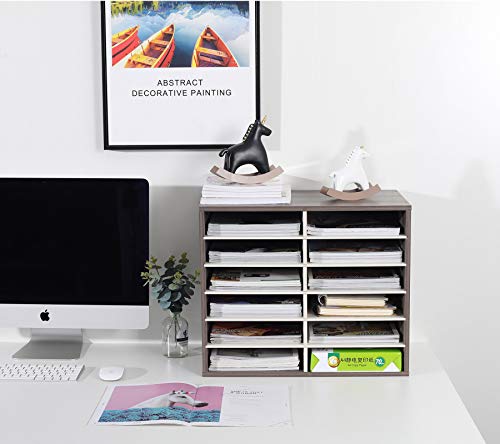 Tqvai Wood Adjustable Literature Organizer Desktop File Sorter Mail Center Paper Storage Cabinet Home & Office Mailbox School Classroom Keepers, 12 Slots Compartments, Retro Grey/White #TOP2