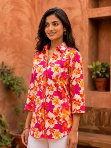 Image of Pure Cotton Long Hemline Shirt for Women Beautiful Printed Collared Neck Casual Western Shirt Top Formal Office Wear