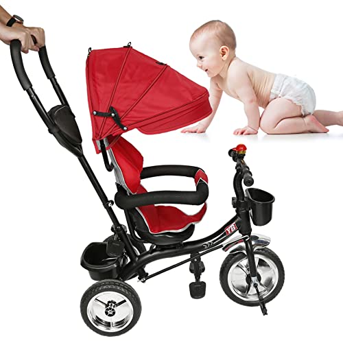 Carrito de bebé 4 en 1 Triciclo para Cochecito de bebé Plegable rápido Triciclo para niños con Embrague y arnés de Seguridad Carro para niños de 1 a 5 años (4 en 1 (Rojo Grande) ♥)