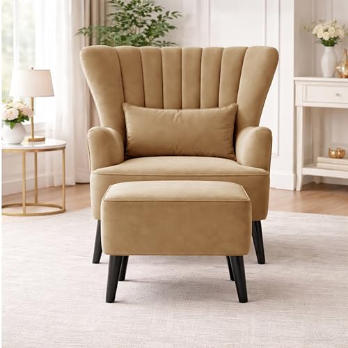 Image of Modern Velvet Wingback Accent Chair with Ottoman & Cushion for Living Room | Premium Upholstered Lounge Chair with Footrest |Golden