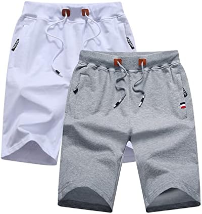 Boy's Summer Cotton Drawstring Elastic Waist Fit Zipper Pockets Casual Shorts Pack of 2,White+Light Grey,12