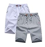 Boy's Summer Cotton Drawstring Elastic Waist Fit Zipper Pockets Casual Shorts Pack of 2,White+Light
