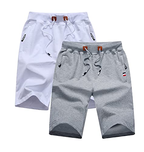 Boy's Summer Cotton Drawstring Elastic Waist Fit Zipper Pockets Casual Shorts Pack Of 2,White+Light Grey,12 #TOP1