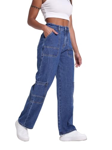 Women's Mid Rise Cargo Jeans Y2k Straight Leg Baggy Jeans Trendy Women's Wide Leg Denim Pants3