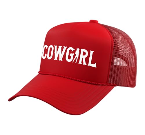 Vintage Iconic Cowgirl Western Country Rodeo Retro White Trucker Hat with Adjustable Mesh Back Red