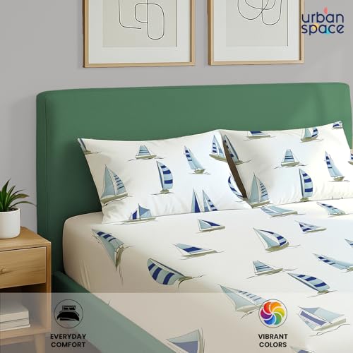 Image of Urban Space 144 TC Divine 100% Cotton Bedsheet for Double Bed with 2 Pillow Covers, Queen Bedsheet (Size 90 x 100 inches, Ocean Boats Blue, Double)