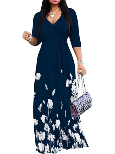 Image of SUZONANA Plus Size Dresses for Women Floral Print Maxi Dress Flowy 3 /4 Sleeve with Belt
