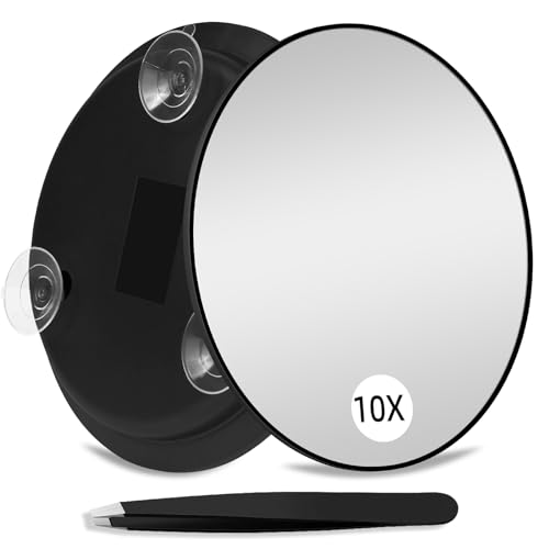 Suupvaor 10X Magnifying Mirror with 3 Suction Cups, Large 6inch Round Travel Makeup Mirror with High Magnification, Makeup Mirror with Tweezers Set