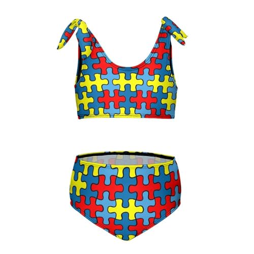 Girls Swimsuit 2-Piece Bikini Set Autism Colorful Puzzle Bright Beach Sport Bathing Suit Swimwear for 6-12T