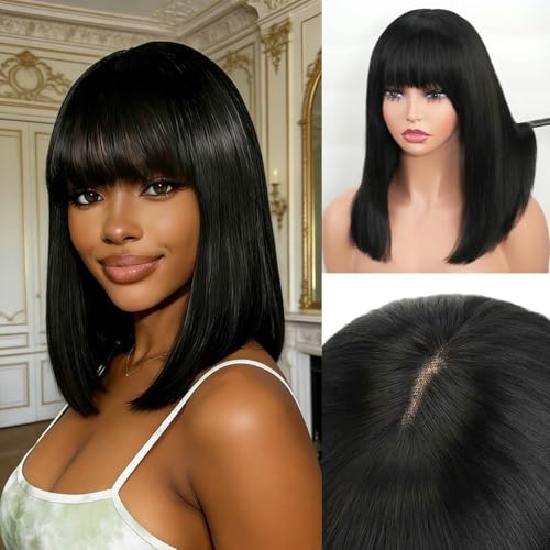 YYAD Bob Wig with Bangs Human Hair 210 Density Short