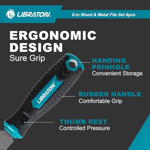 Libraton 6PCS Metal File Set, Metal Files, Metal Files for Steel, 5 Metal Rasp Files, 1 Wood File, 8" High-Carbon Steel Files with Rubber Handle, for Metalworking & Woodworking