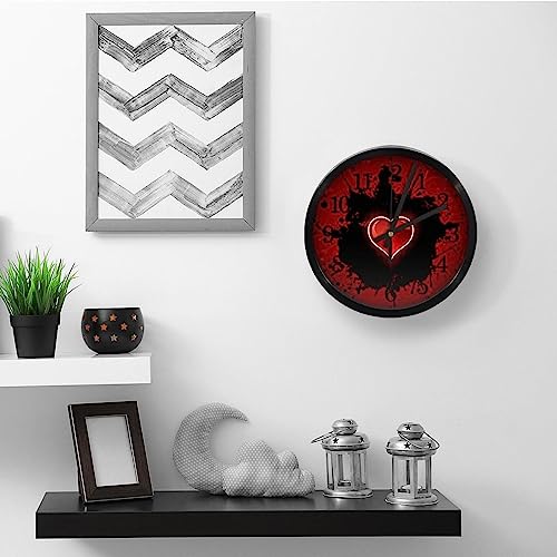 Horloge murale ronde quartz pour cuisine et bureau | Style épuré motif cœur rouge