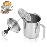14 Unzen manueller Milchaufschäumer mit Milchschäumkrug, Handpumpen-Milchschäumer aus Edelstahl mit Doppelfiltersieb für Latte Art