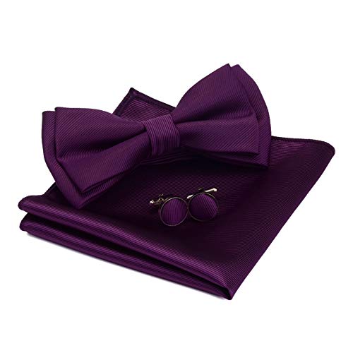 Image of GUSLESON Mens Solid Color Two Layer Pre-tied Bow Tie and Pocket Square Cufflink Set with Gift Box
