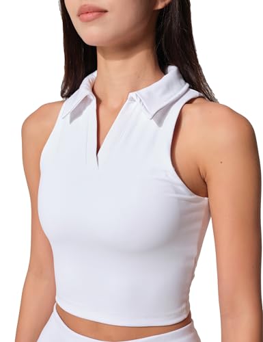 AugIris Womens Golf Shirt Sleeveless Polo Collared Tennis Shirts for Women Athletic Workout Cropped Tank Tops White