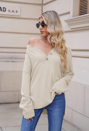 Pink Queen Women'S Button Oversized Sweater Batwing Long Sleeve V Neck Henley Top Fall Pullover Knit Jumper Beige M thumb #4