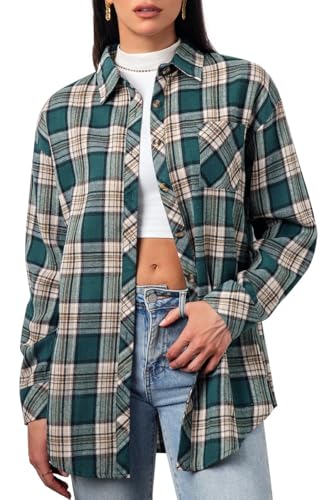 Image of CHYRII Womens Button Down Flannel Shirts Long Sleeve Plaid Shackets Business Casual Blouse Top