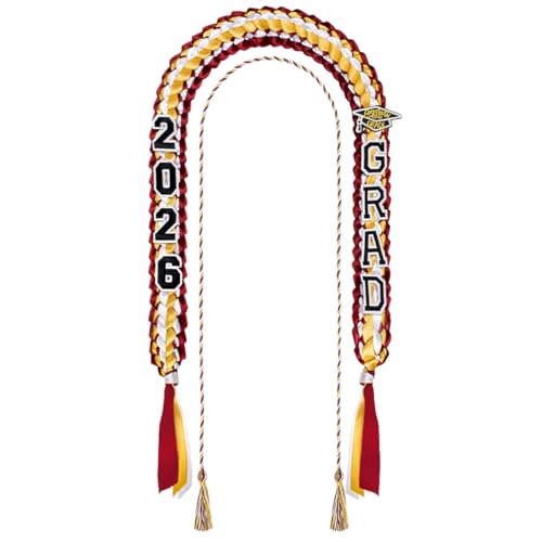 Image of Yigney Graduation Lei Set Class of 2026 Grad Ribbon Leis with Honor Cord Double Braided Graduate Leis for Men Women Red Gold White