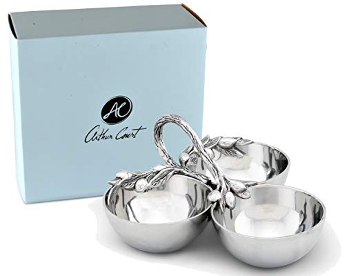 Buy 2 get 3 Arthur Court Sand-Cast Aluminum 3 Compartment Olive Pattern Condiment Serving Bowl 9 inch Diameter 4 inch Tall