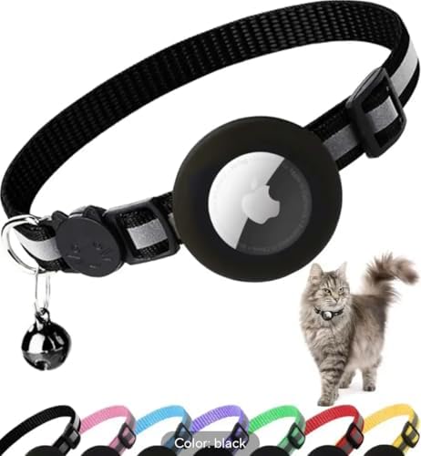 Apple Airtag Cat Collar Reflective Kitten Collar with Apple Air Tag Holder and Bell for Girl Boy Cats Breakaway Lightweight (Black)